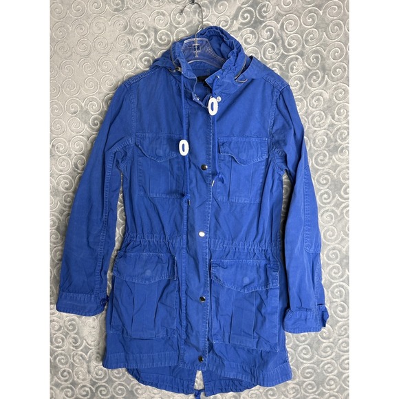 VTG J.Crew XS Blue Hooded Cargo Utility Anorak Jacket Drawstring Waist Pockets - Picture 1 of 8